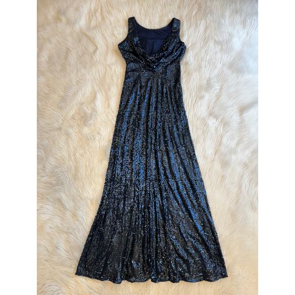 Adrianna Papell Sequin Sleeveless Scoop Back Gown Sparkle Maxi Dress Navy Blue - Picture 10 of 15